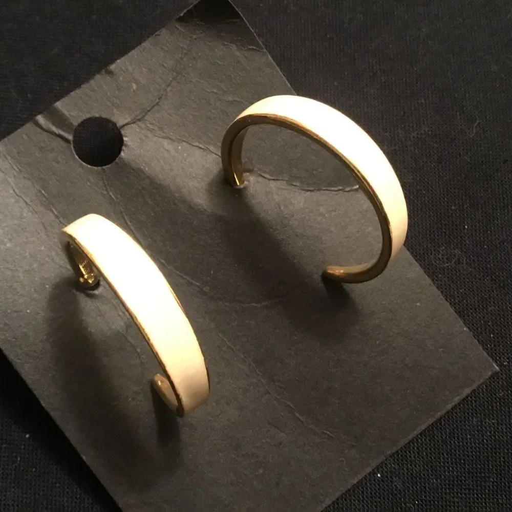 Goldtone and Cream Enamel  3/4 Hoop Earrings